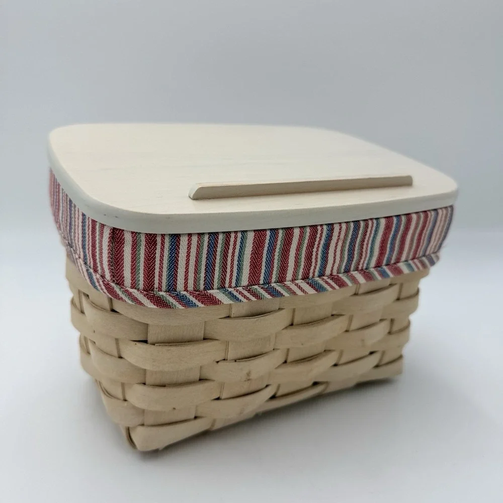Longaberger Recipe Basket Complete Set Lid Protector Blue Red Stripe Liner USA